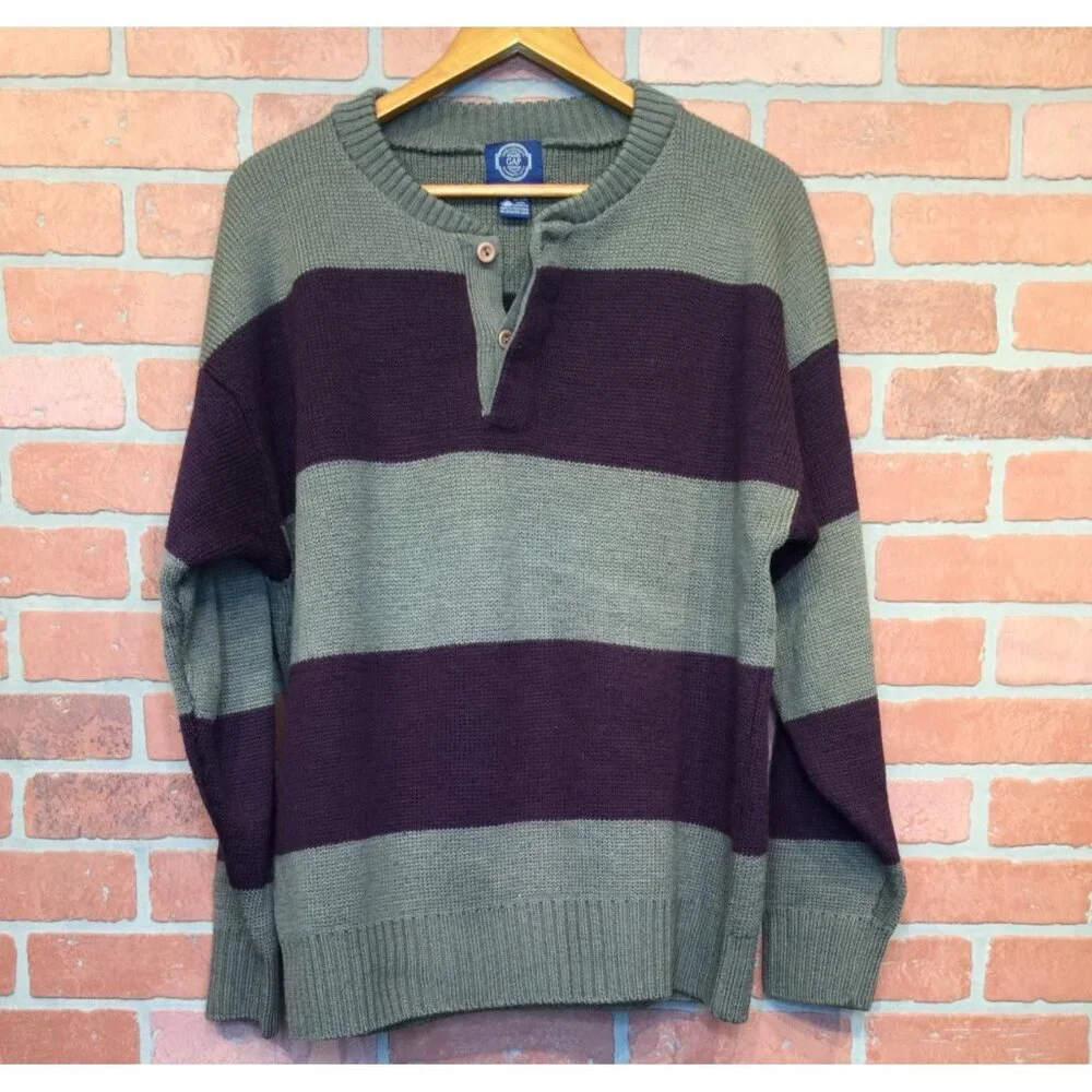 Vintage Gap Mens Wool Henley Sweater Size M Gray Purple Wide Stripe Color Block